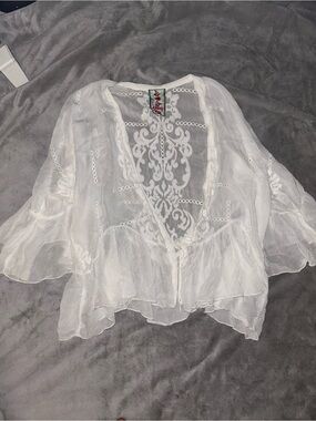 Johnny Was White Sheer Embroidered lace top, size XS